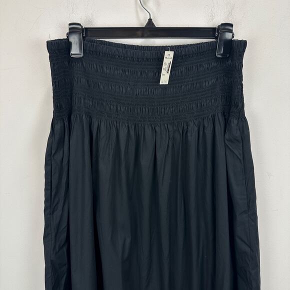 Madewell Smocked Waist Poplin Midi Skirt Cotton A Line Black Pockets XL NWT - Picture 8 of 15